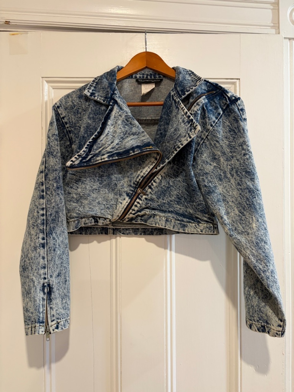 Vintage 80s Cropped Acid-Wash Denim Moto Jacket - Blue